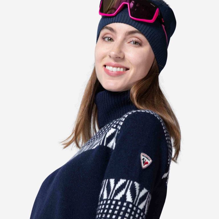 Rossignol Tops Women Vintage Turtleneck Knit Sweater Darknavy 62R6R1041